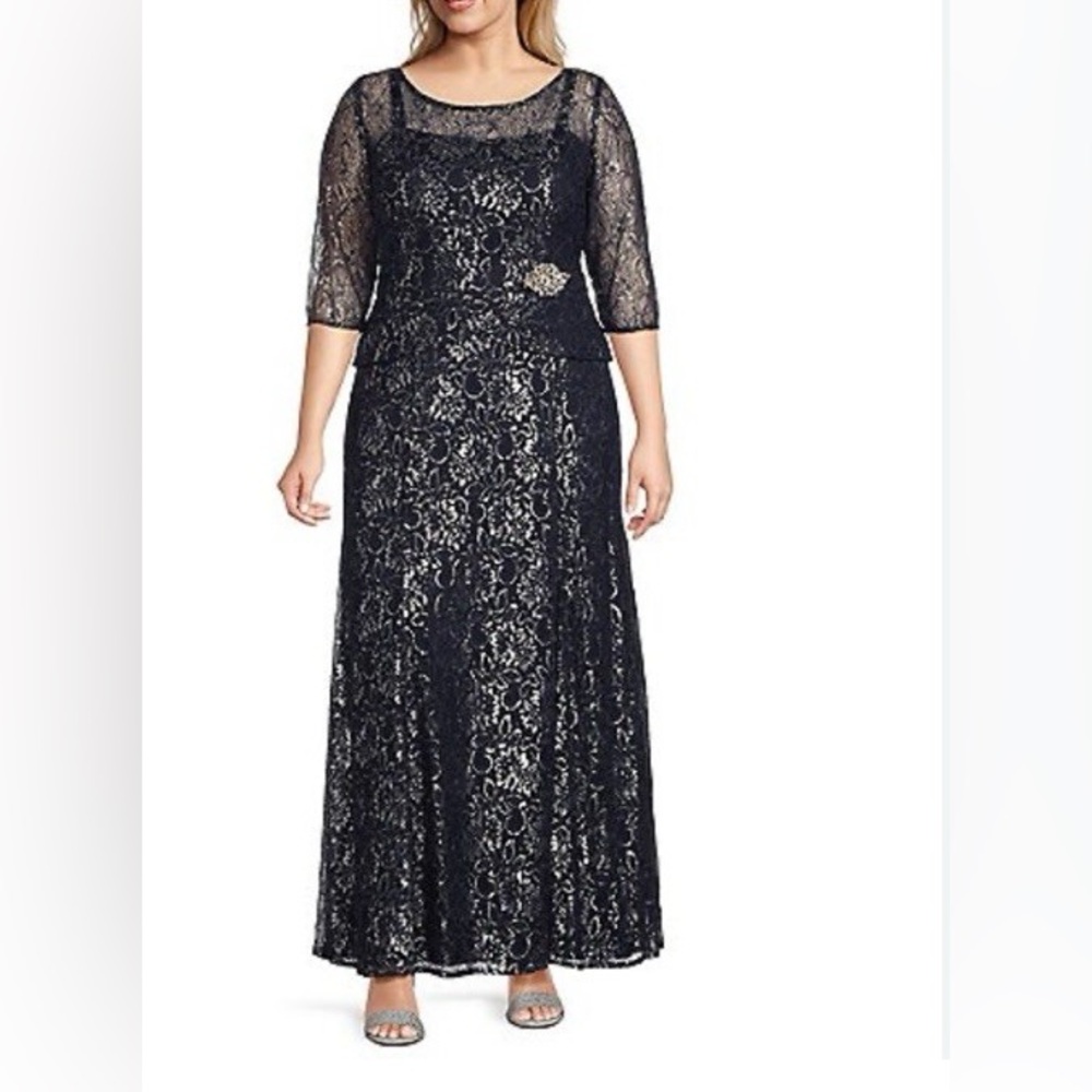 Le Bos Navy Silver Metallic Lace Peplum Long Gown 3/4 Sleeve NWT - Picture 3 of 6